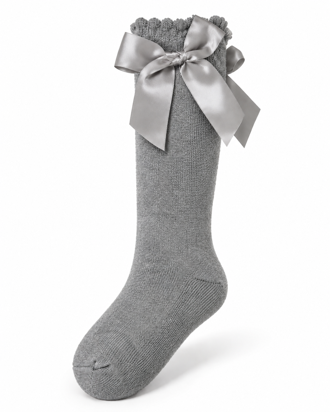 Grey Satin Bow Knee-High Socks